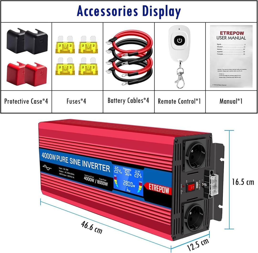 ETREPOW 4000w Spannungswandler 24v 230v Reine Sinus Wechselrichter mit 2 EU-Steckdosen und USB, kabe