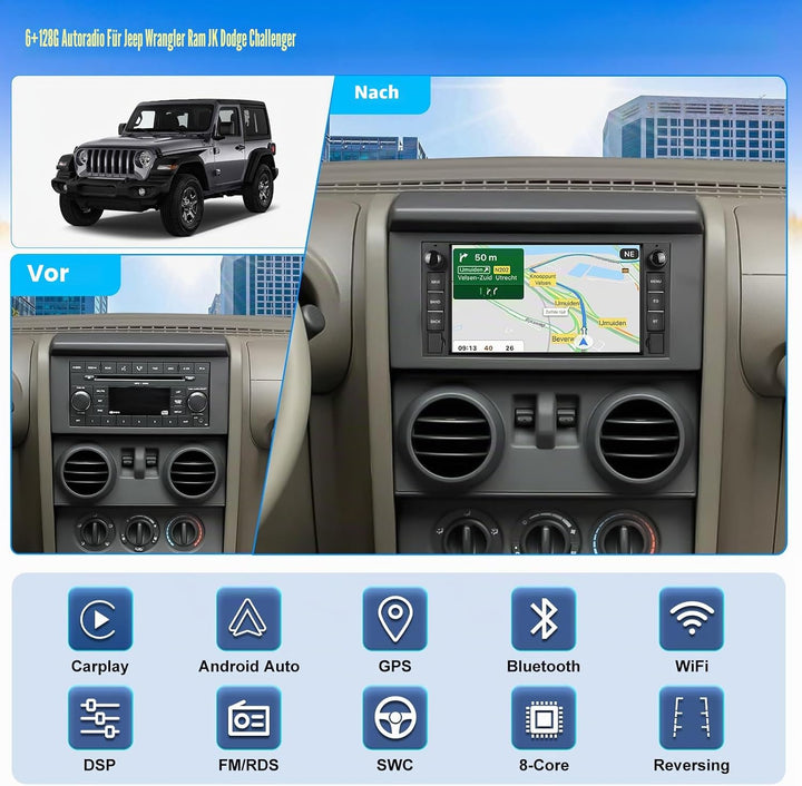 CAMECHO 6+128G Android 15 Navi Autoradio für Jeep Wrangler Ram JK Dodge Challenger mit Rückfahrkamer