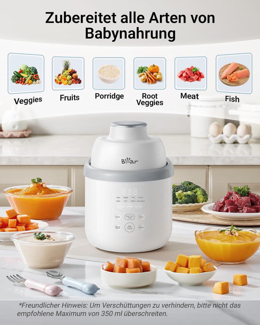 Bear Babynahrungszubereiter NutriEase AllStage Edelstahl, OneStep Baby Food Maker Babybrei-Zubereite