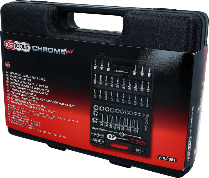 KS Tools 918.0661 3/8 Zoll CHROMEplus Steckschlüssel-Satz | inklusive Umschaltknarre, 45-Zahn | hoch