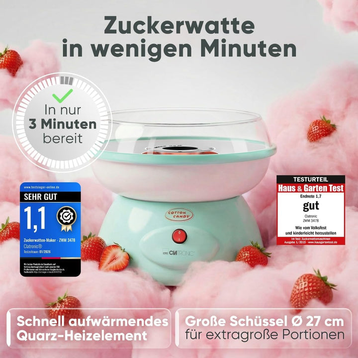 Clatronic® Zuckerwattemaschine | für Zuckerwatte in wenigen Minuten | inkl. Messlöffel und 10 Holzst