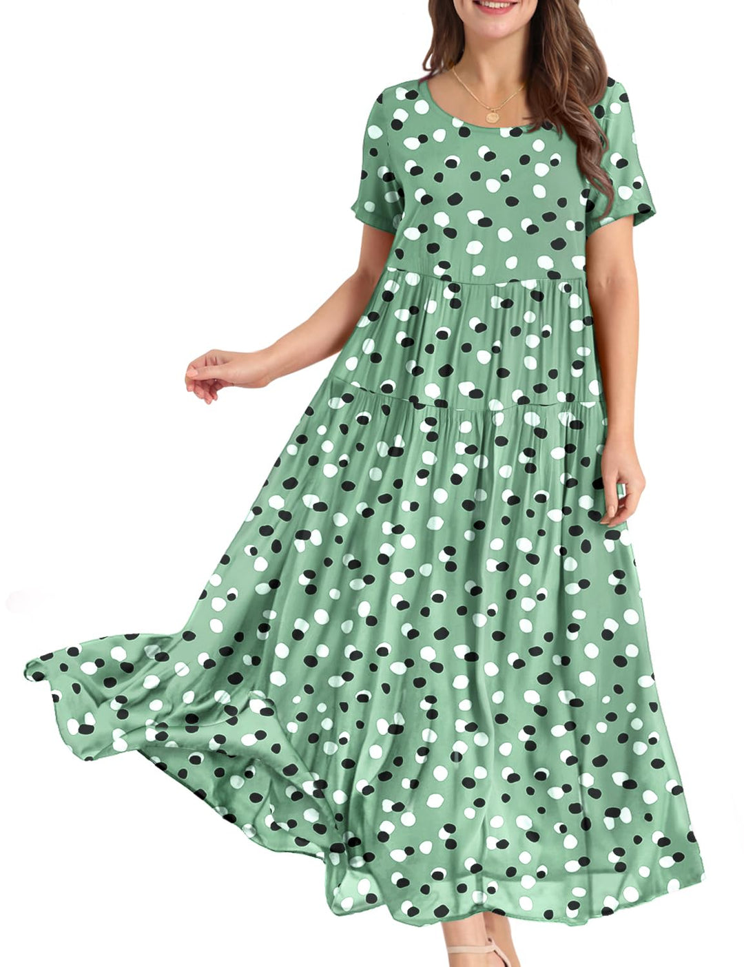 YESNO Damen Kleider Freizeit Lose Sommerkleid Lang Boho Maxikleid für Rundhals Strandkleid Blumenkle