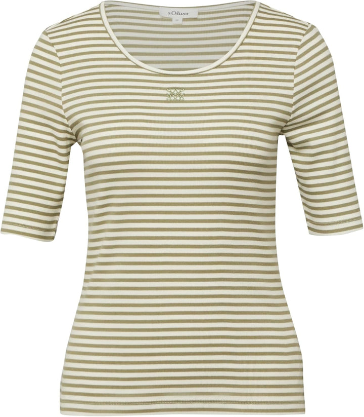 s.Oliver Damen Geripptes T-Shirt im Slim Fit mit Stickerei T-Shirt Langarm 44 79g3_olivgrün, 44 79g3