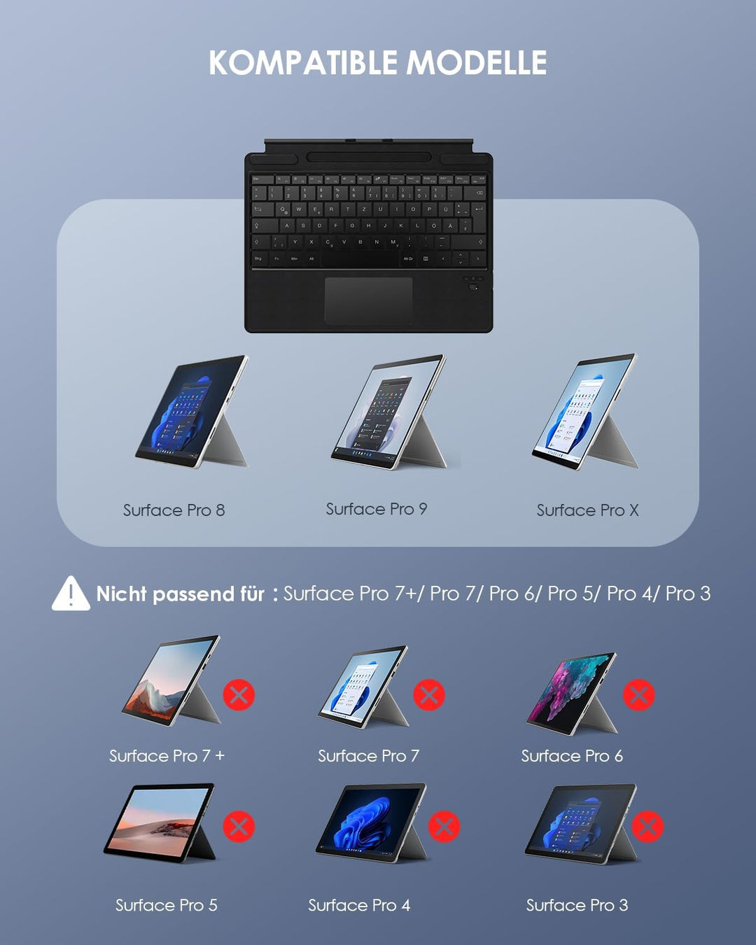 Qulose Surface Pro Tastatur für Microsoft Surface Pro 8/ Pro 9/ Pro X/Pro 11, Bluetooth Tastatur QWE