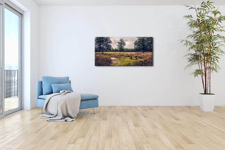 einsame Bank im Wald Panorama 60x30 cm als Leinwandbild, Motiv fertig gerahmt auf Echtholzrahmen, Ho