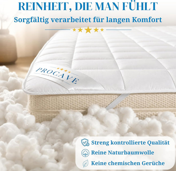 PROCAVE weiches Unterbett aus 100% Baumwolle, atmungsaktiver Matratzen-Schoner, hochwertige Matratze