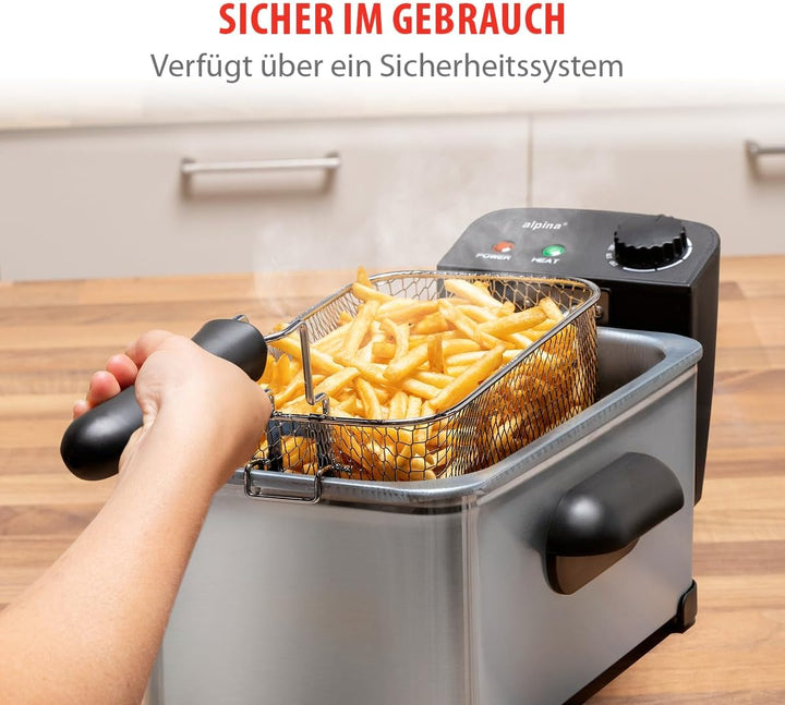 alpina Friteuse mit Fett 3L - Fritteuse mit Öl und Einstellbarem Thermostat - Fritöse mit abnehmbare