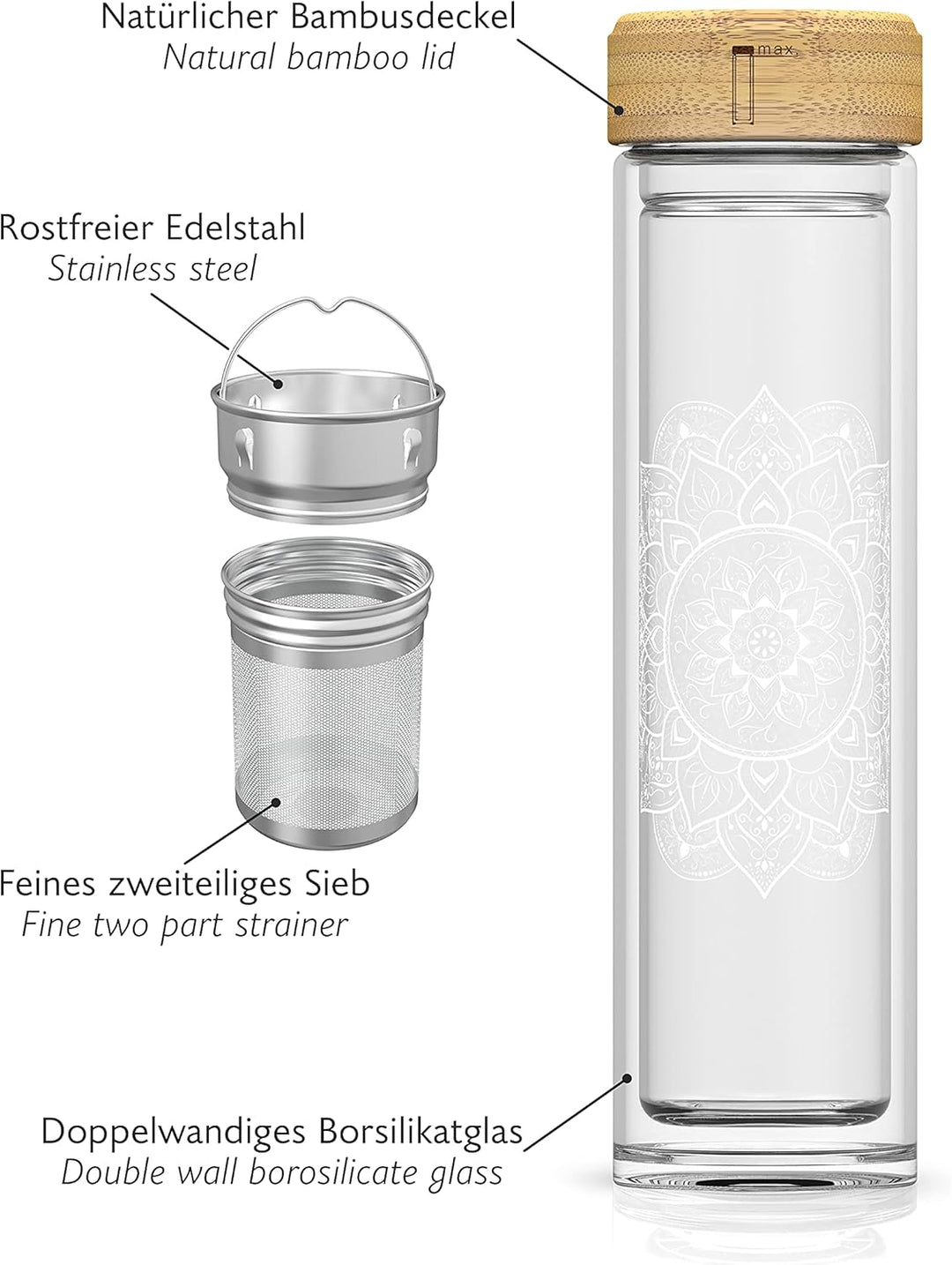 spottle Teeflasche mit sieb to go - Trinkflasche für Tee aus Glas in 500ml, 650ml, 1 Liter - Teekann