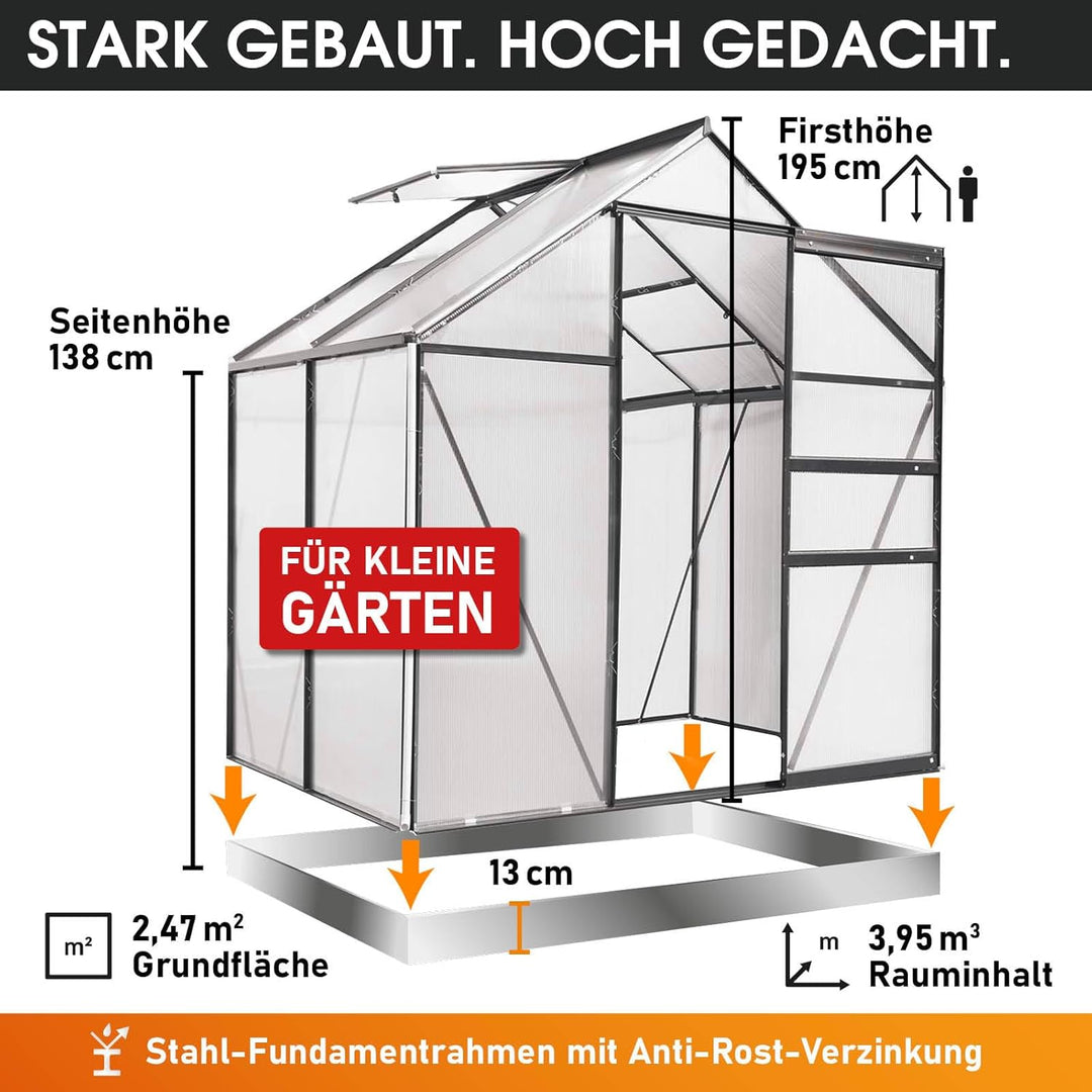 BRAST® Gewächshaus Aluminium mit Fundament rostfrei 40 Modelle 130x190x195cm - 490x250x235cm 6mm Pla