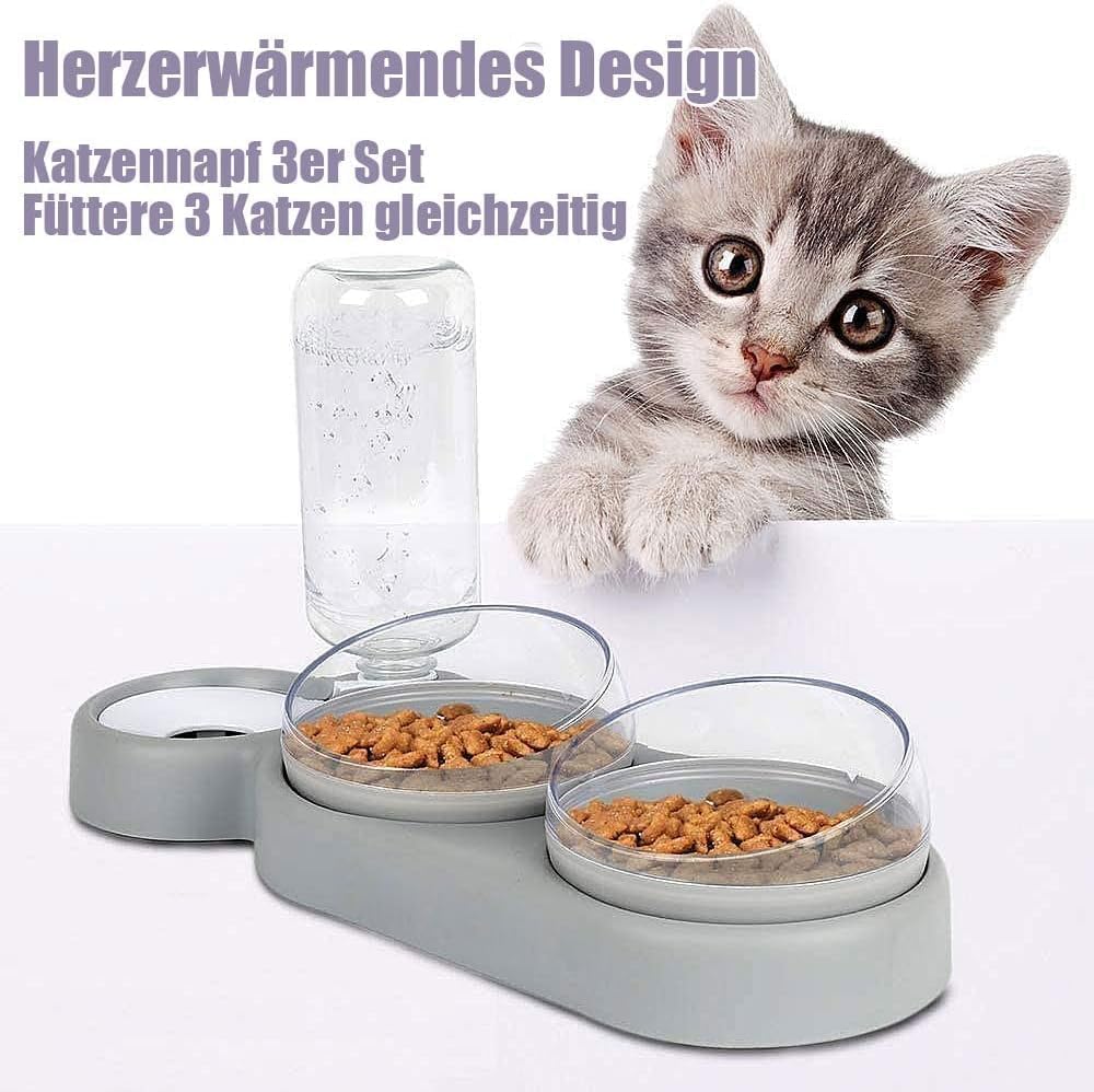 Katzennapf-Set 15° Neigbar Doppelter Futternapf für Nass- Trockenfutter, mit Automatischer Wasserfla