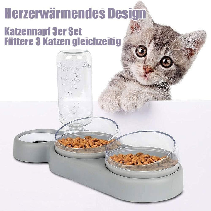 Katzennapf-Set 15° Neigbar Doppelter Futternapf für Nass- Trockenfutter, mit Automatischer Wasserfla