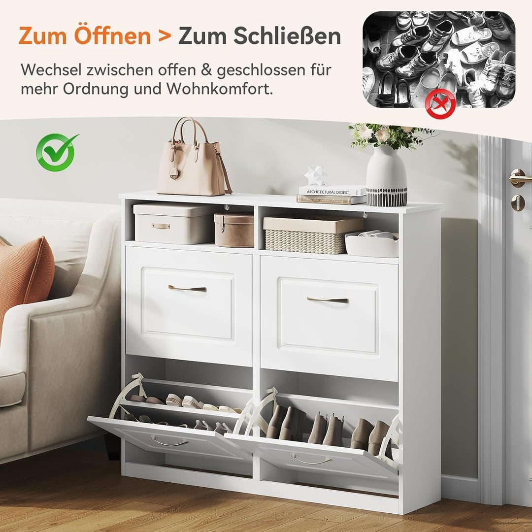 Sweetcrispy Schuhschrank mit 4 Klappen, schmaler Schuhkipper mit offenen Ablagefächern, verstellbare