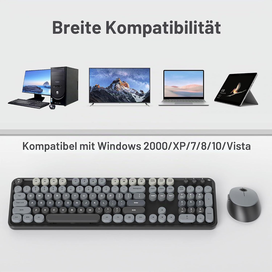 SOLIDEE kabellose Tastatur- und Maus-Kombination, Retro-Schreibmaschinentastatur, 2.4GHz runde Taste
