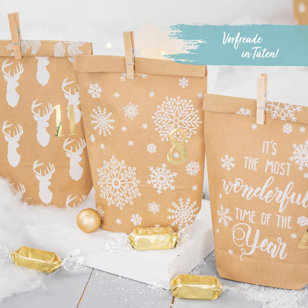 Papierdrachen Adventskalender 2025 zum Befüllen - 24 bedruckte Papiertüten mit Zahlenaufklebern & Kl