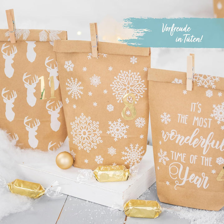Papierdrachen Adventskalender 2025 zum Befüllen - 24 bedruckte Papiertüten mit Zahlenaufklebern & Kl