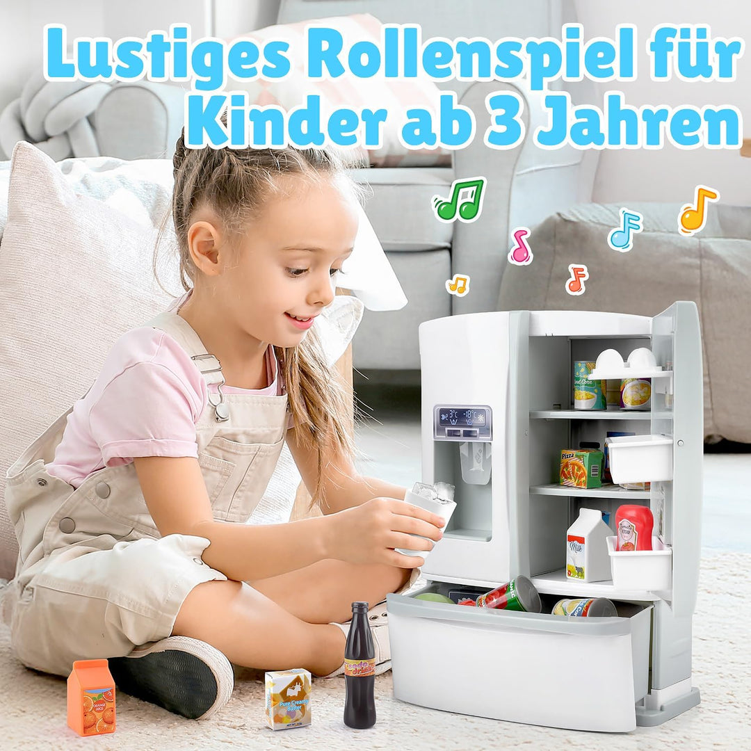 PLAY Küche Kinder Kühlschrank Spielzeug mit Eisspender, Spielküche Zubehör Set mit Kinderkühlschrank