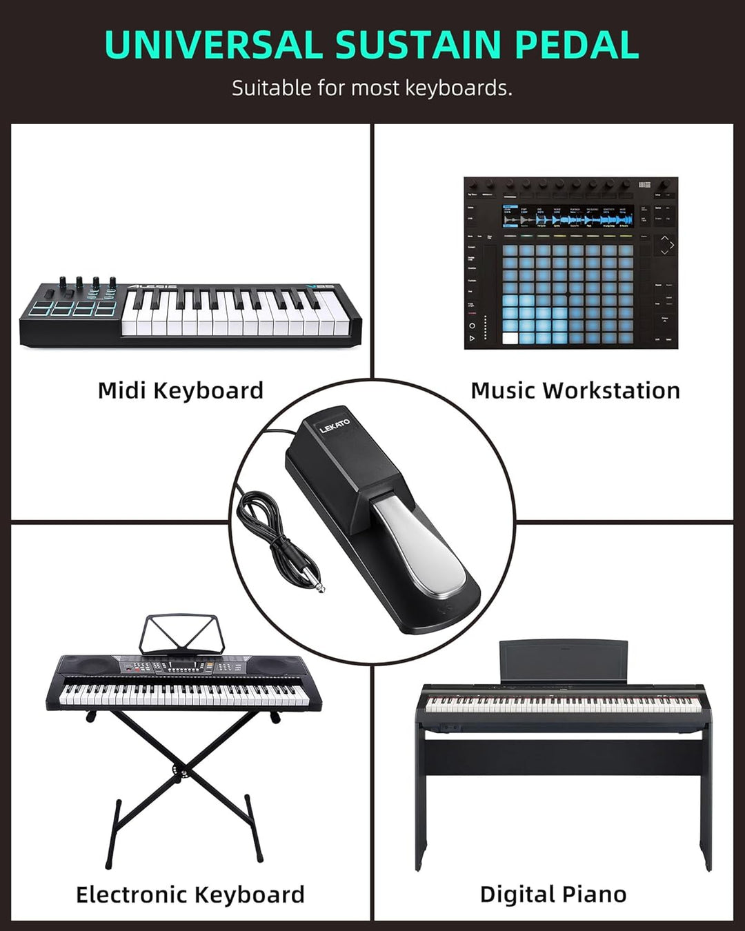 LEKATO Universelles Sustain Pedal für Keyboard, Klavier-Fusspedal mit Polaritätsschalter für elektro