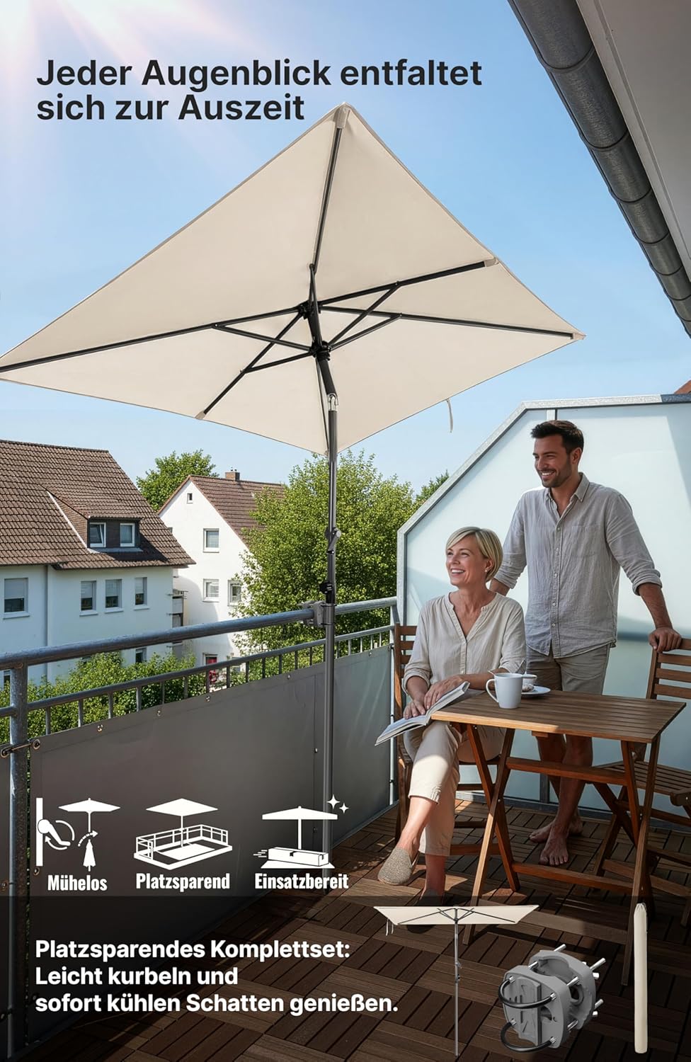 4smile Sonnenschirm Balkon mit Halterung im 3-er-Set, 210x140 cm, UV 50+, Sonnenschutz Balkon, Balko