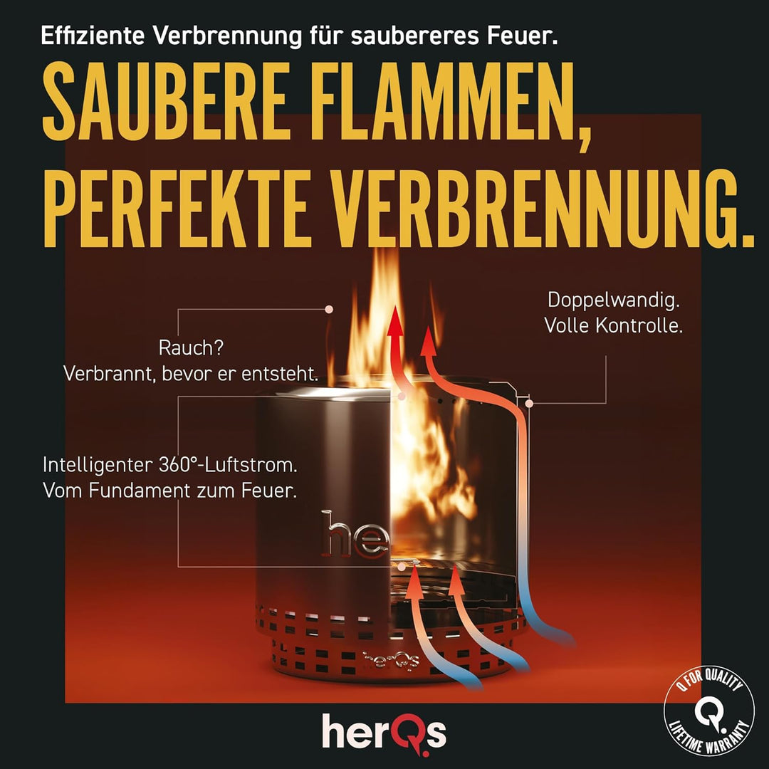 herQs Chief Feuerschale Rauchfrei – Tragbarer Feuerschale Edelstahl für Garten, Camping & Terrasse –