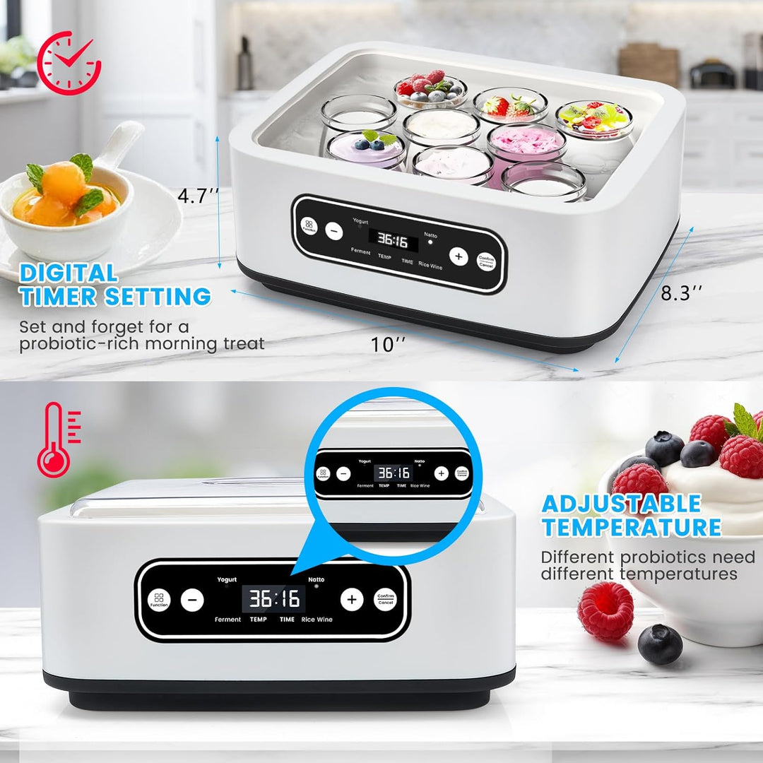 Jogurtbereiter, 9 Glasbehälter à 90 ml für bis 1,6L selbstgemachten Joghurt,Yogurt Maker mit Tempera
