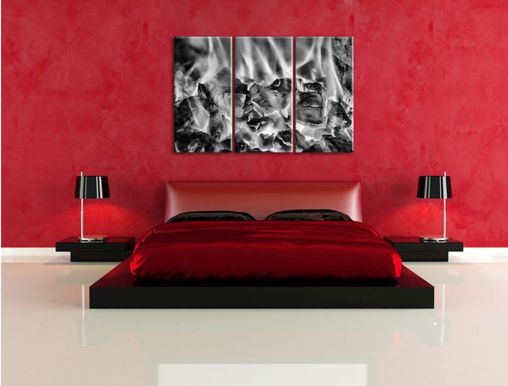 Pixxprint Monocrome, Holzkohle Feuer 3-Teiler Leinwandbild 120x80 Bild auf Leinwand
