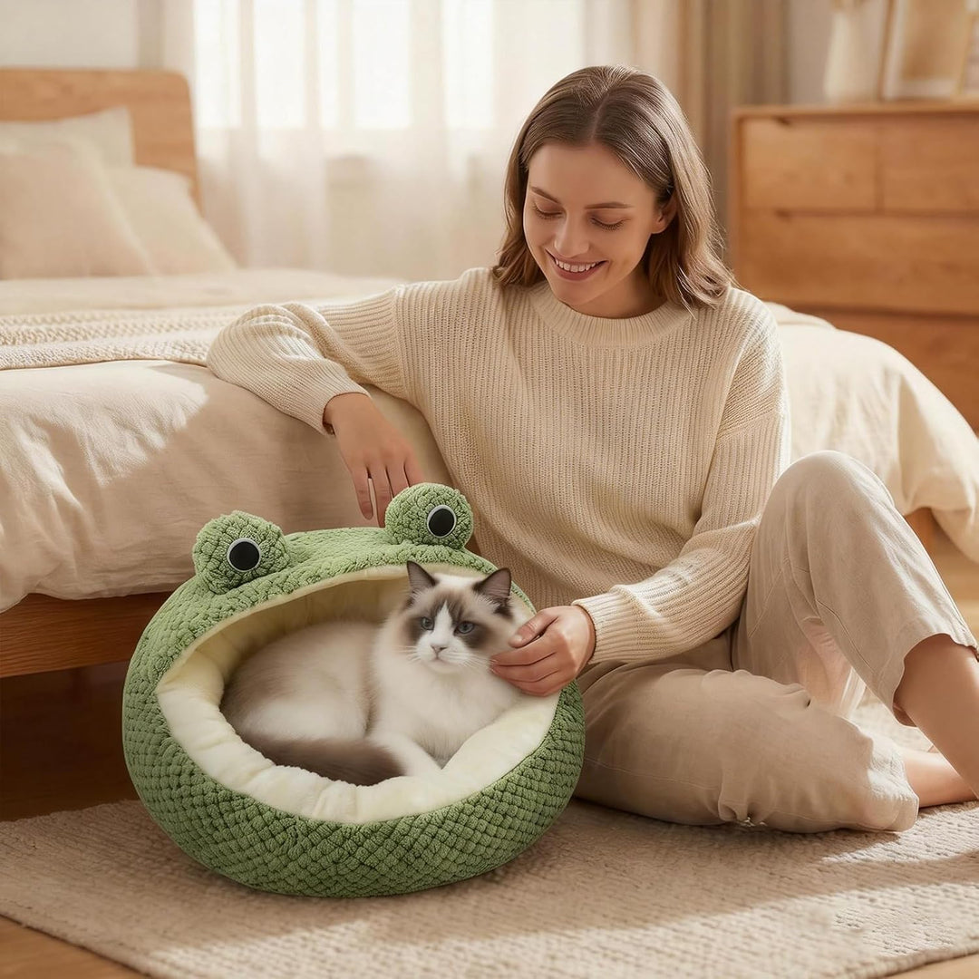 Froschform Katzenhöhle 40cm, Warmes Katzenbett Kuschelhöhle Waschbar | Niedliches Froschdesign mit w