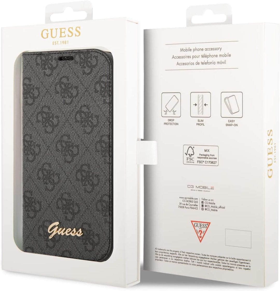 Guess GUBKP14MHG4SHK Hülle für iPhone 14 Plus 6,7" schwarz/Black Book 4G Vintage Gold Logo