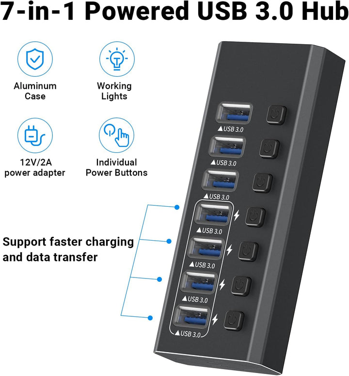 USB-3.0-Hub-betrieben, Aluminium, 7 USB-Ports, SuperSpeed-Daten-Hub mit 12 V/2 A Netzteil und indivi