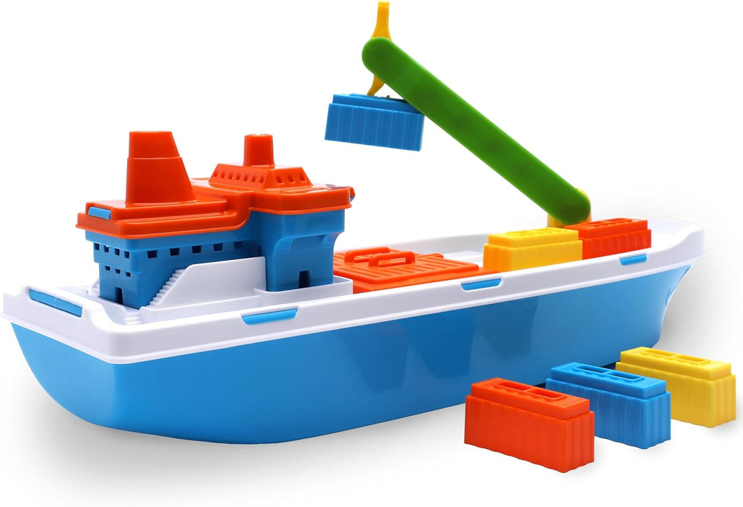Toyland® 41cm (16") Buntes Frachtschiff mit Beweglichen Türen, Kran und 6 Kunststoffbehältern – Schw