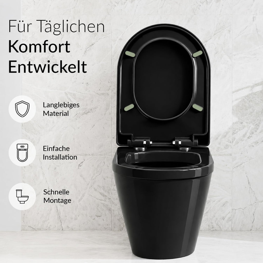 Toilettendeckel D-Form Schwarz 46,5x36cm, WC Sitz Eckig Modern mit Verstellbaren Scharnieren, Klodec