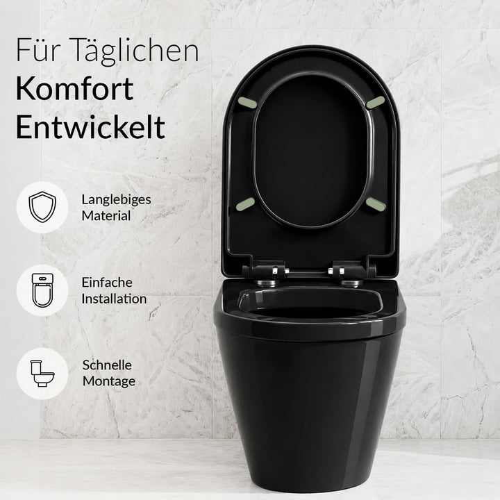 Toilettendeckel D-Form Schwarz 46,5x36cm, WC Sitz Eckig Modern mit Verstellbaren Scharnieren, Klodec