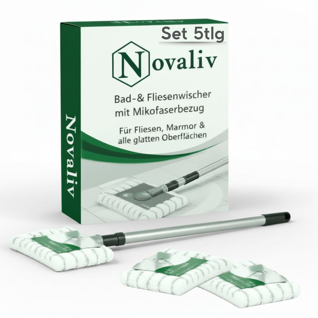 Novaliv Fliesenreiniger Bad Wand mit Teleskopstiel inkl 3X Mikrofaser Bezug Fliesenwischer Badwische