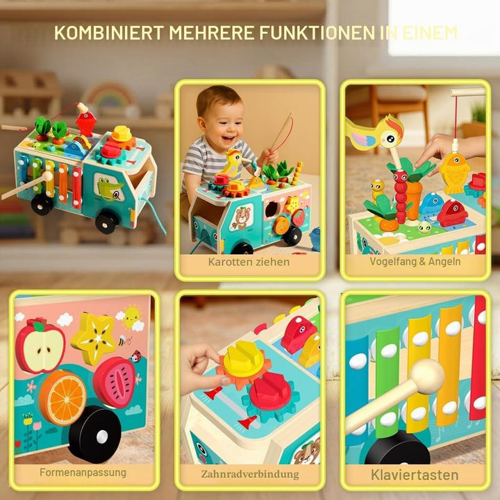 Montessori Holzspielzeug ab 1 2 3 Jahre, 8-in-1 Musikbus Nachziehspielzeug mit Xylophon, Angelspiel,