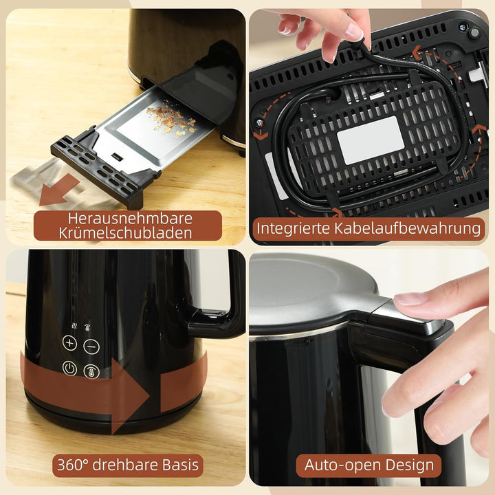 HOMCOM Wasserkocher Toaster Set Edelstahl 1,5L 2200W Wasserkocher automatischer mit Abschaltung 2 Sc