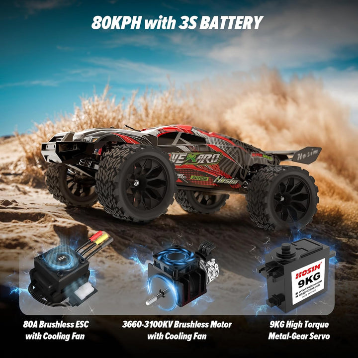 Hosim Ferngesteuertes Auto ab 14 Jahre, 1:8 Brushless RC Auto 70+ KM/H High Speed, 4x4 Offroad Monst