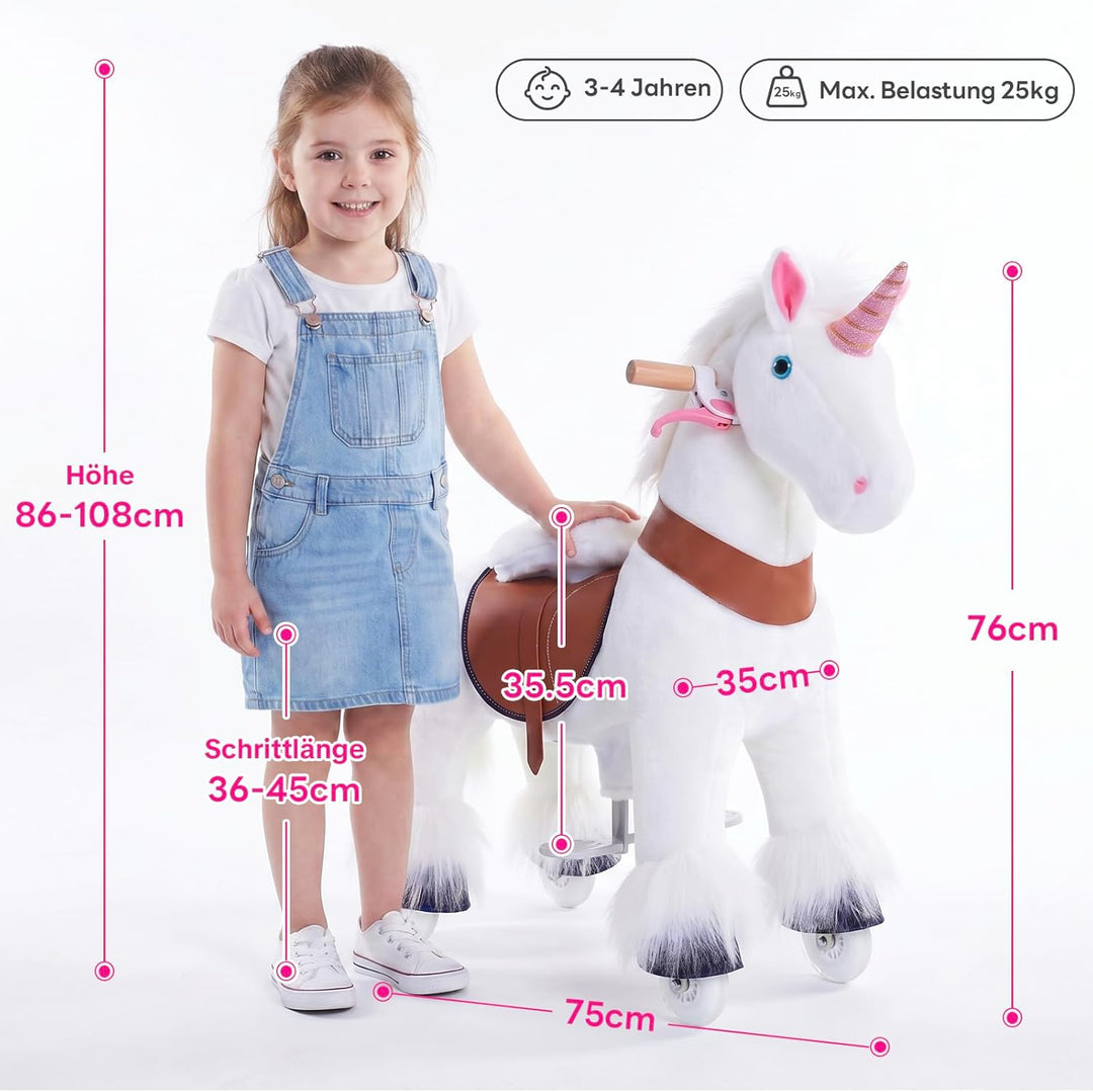 PonyCycleEinhorn Reitpferd für Kinder 3-4 Jahre, 76cm Hoch, Spielpferd mit Handbremse und Klang, Wei