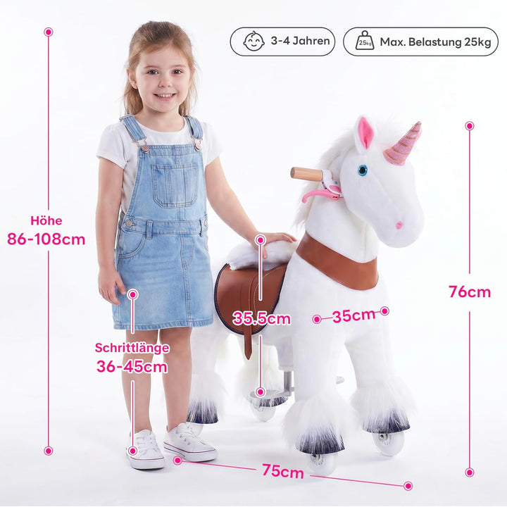 PonyCycleEinhorn Reitpferd für Kinder 3-4 Jahre, 76cm Hoch, Spielpferd mit Handbremse und Klang, Wei