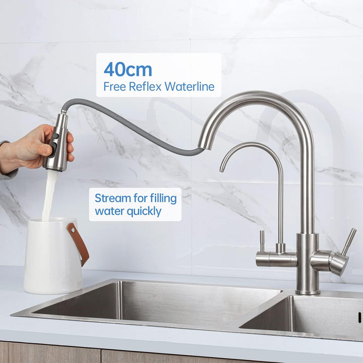 3 Wege Wasserhahn Edelstahl, 360° Drehbar Trinkwasserhahn mit Ausziehbarer Handbrause, 3 in 1 Küchen