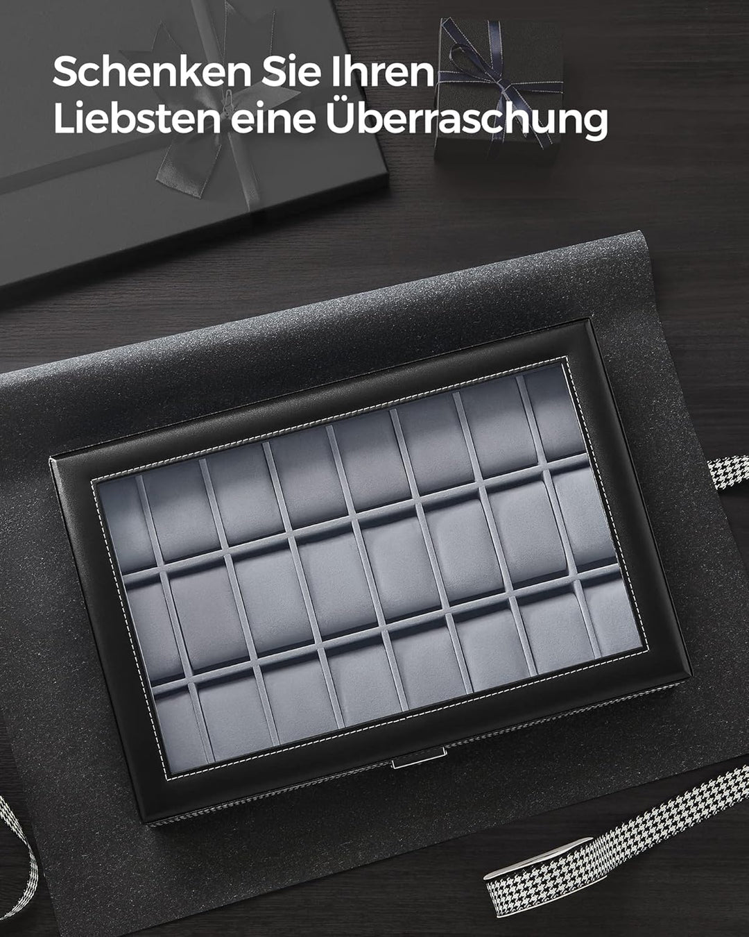 SONGMICS Uhrenbox, abschliessbare Uhrenschatulle, Aufbewahrung, Organizer für Uhren, mit 24 Fächern,