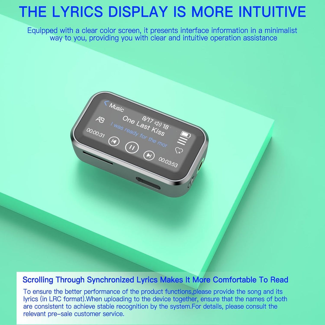 Jectse 32 GB MP3 Player mit Bluetooth, Tragbare MP3 Player mit Rückenclip, 1,47 Zoll Voller Touchscr