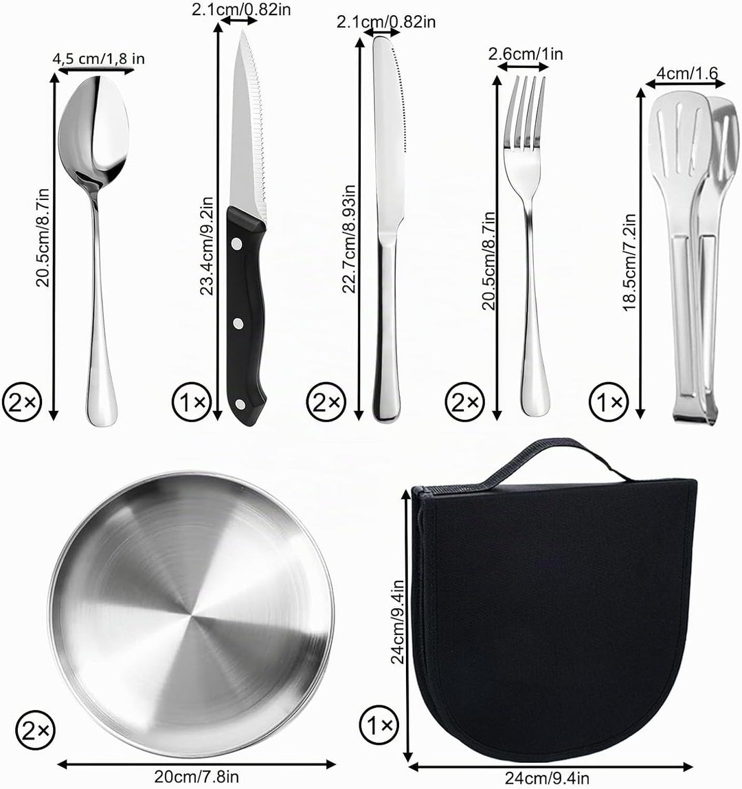 Camping Geschirr Set für 2 Personen, 10 Stück Tragbars Campingbesteck Set aus Edelstahl für Picknick