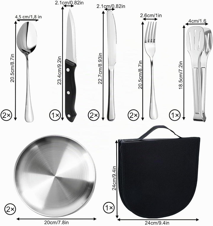 Camping Geschirr Set für 2 Personen, 10 Stück Tragbars Campingbesteck Set aus Edelstahl für Picknick