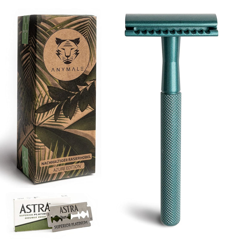 ANYMALE® Rasierhobel Azure Edition - inklusive 5 ASTRA Klingen - Plastikfreier Rasierer für Damen un