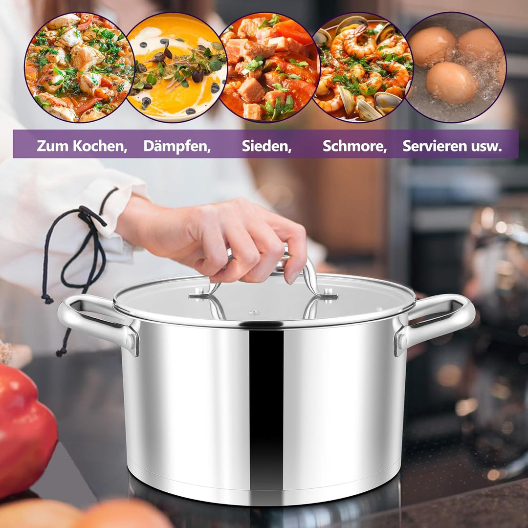 Joyfair Kochtopf, 22cm Edelstahl Suppentopf mit Glasdeckel, 3-Lagen Edeastahl Topf Induktion für all