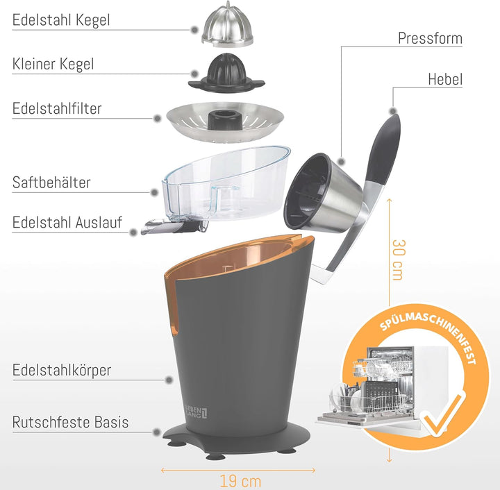 LEBENLANG Orangenpresse elektrische Edelstahl 600W - Inkl. Edelstahlkegel & BPA-Frei I Hohe Saftausb