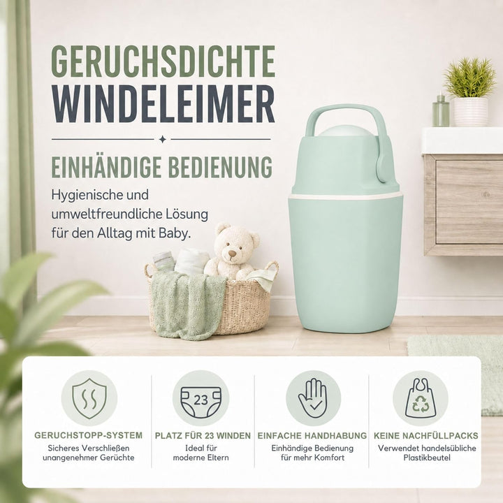 AirWell Windeleimer Geruchsdicht & Windel Blaubaer - Wickeleimer, mit Geruchsstopp-System, Einhändig