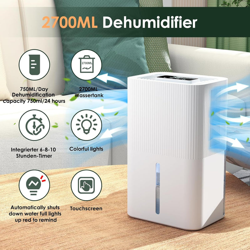 Luftentfeuchter 2700ml, Luftentfeuchter Elektrisch, Leise Raumentfeuchter mit Automatische Abschaltu