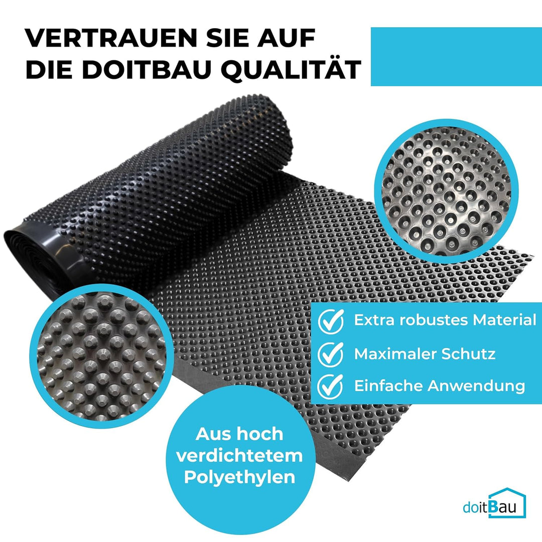 doitBau Noppenbahn HDPE für Grundmauerschutz und Hochbeete, Druckfestigkeit 190 kN/m², Wurzelfest, F