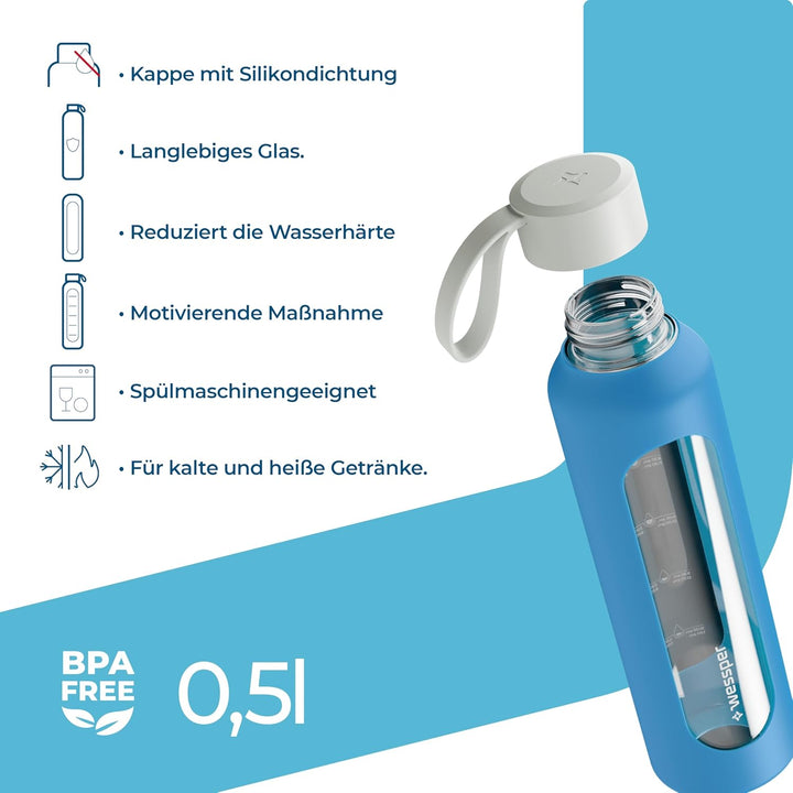 Wessper Trinkflasche Glas 500 ml, Motivations wasser glasflasche mit Hydrationsskala, borosilikatgla