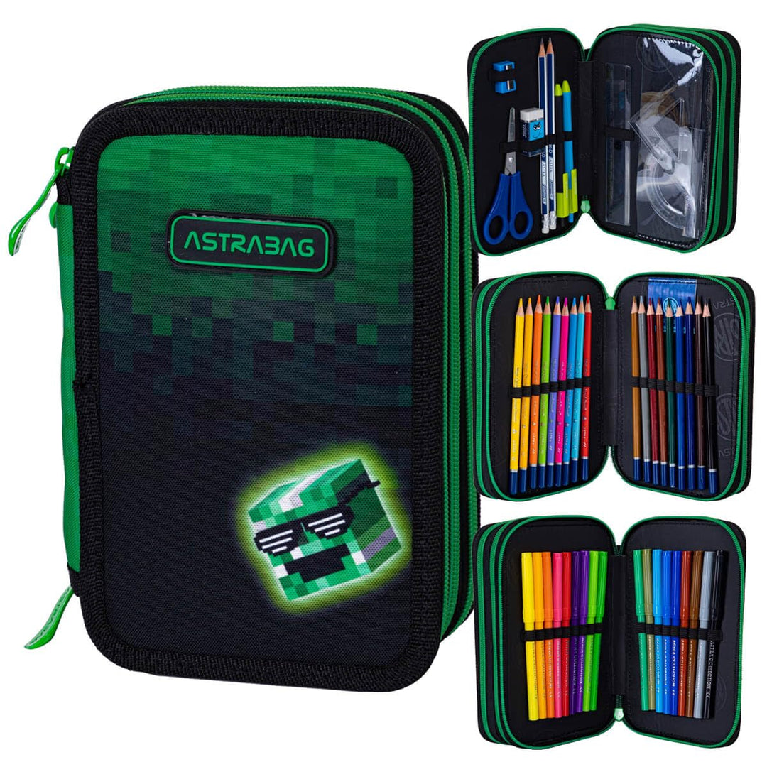 ASTRABAG Pixel Hero 3-Fach Mäppchen Federmappe Gefüllt dreifaches Federmäppchen, Schüleretui 3-stöck